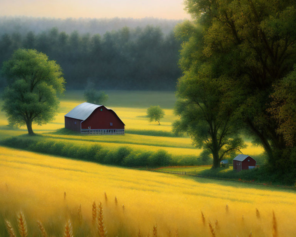 Tranquil Red Barn in Golden Fields with Green Trees