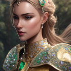 Regal woman in golden crown and green gemstone armor in forest setting