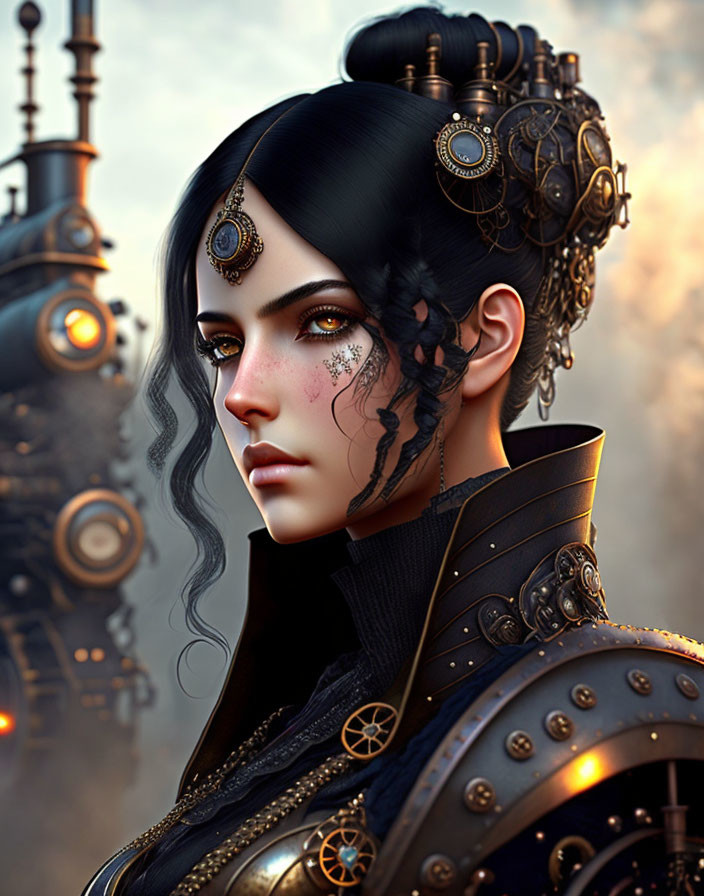 Steampunk-themed digital artwork of a woman with mechanical ornaments and gear motif.