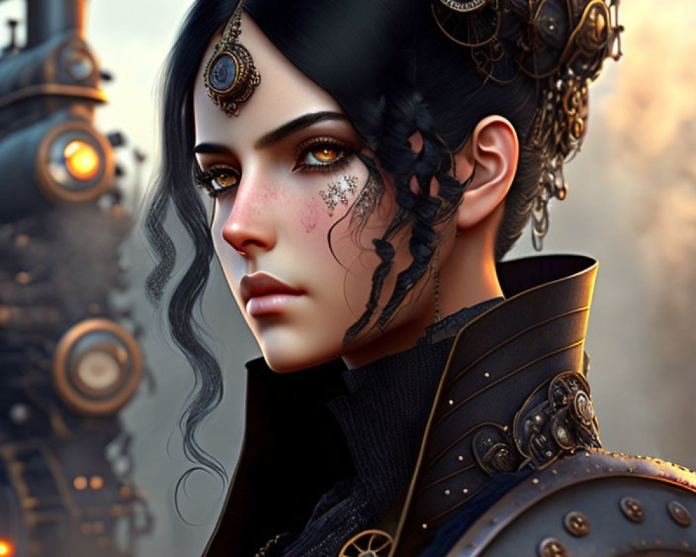Steampunk-themed digital artwork of a woman with mechanical ornaments and gear motif.
