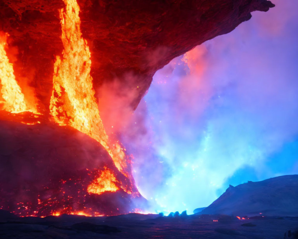 Colorful lava flow in volcanic cave with blue and orange hues