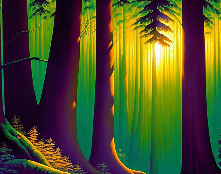 Lush forest painting with sunlight rays for a serene vibe
