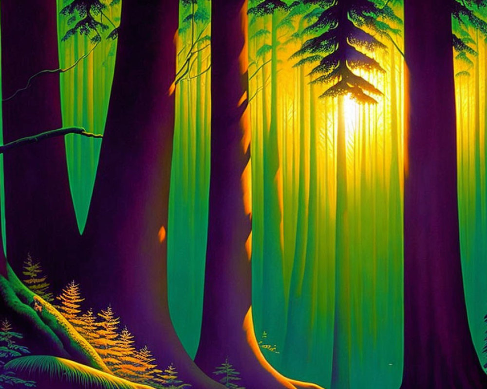 Lush forest painting with sunlight rays for a serene vibe