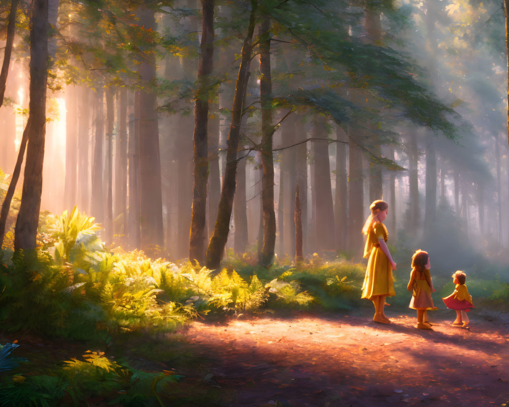 Forest Scene: Woman and Children in Matching Dresses Walking in Golden Sunlight