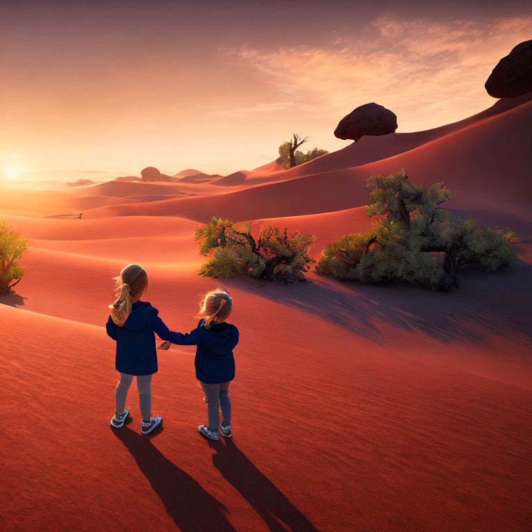 Children holding hands in desert sunset with sand dunes and warm sky