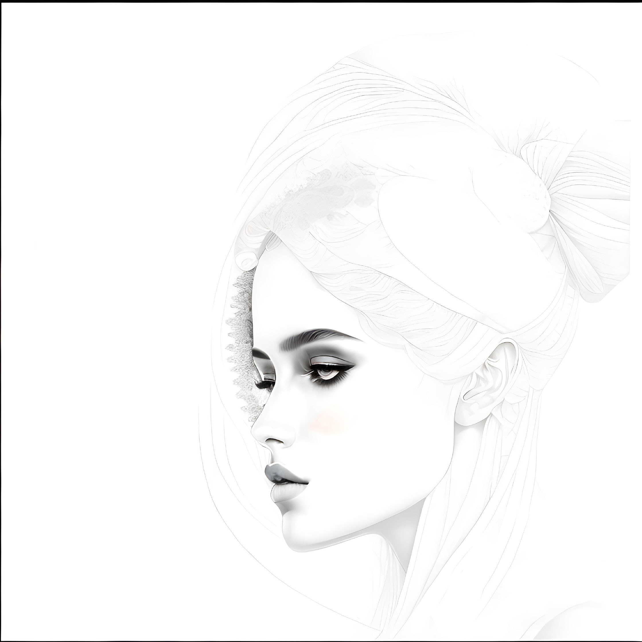 Grayscale illustration of a woman with high cheekbones and sophisticated hair updo