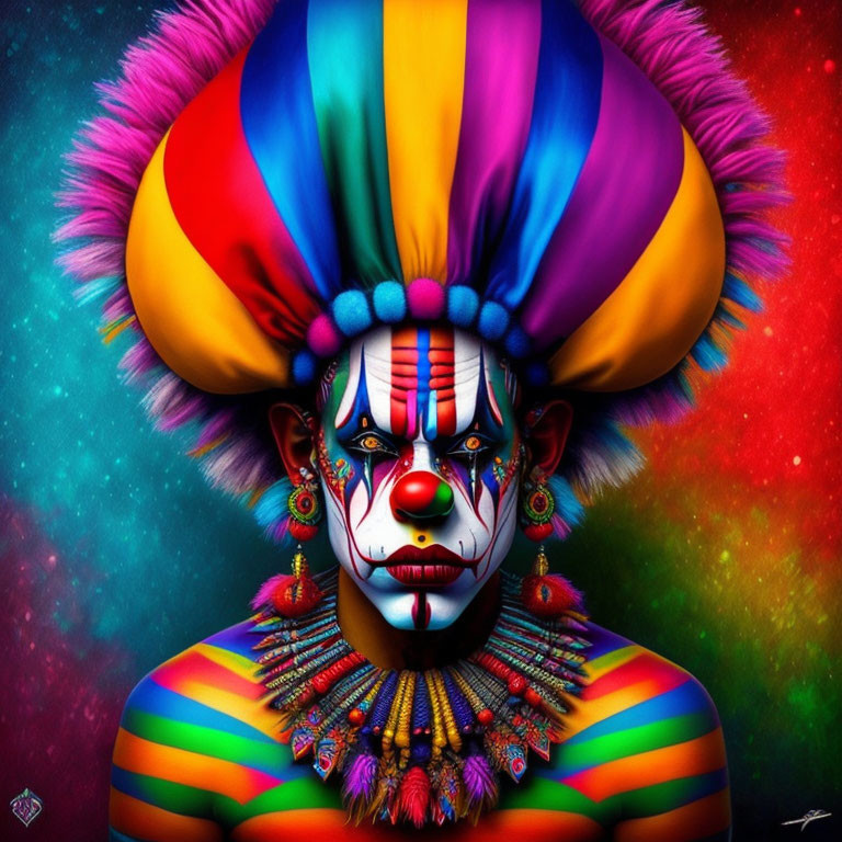 Vibrant digital artwork of person with clown makeup in cosmic setting