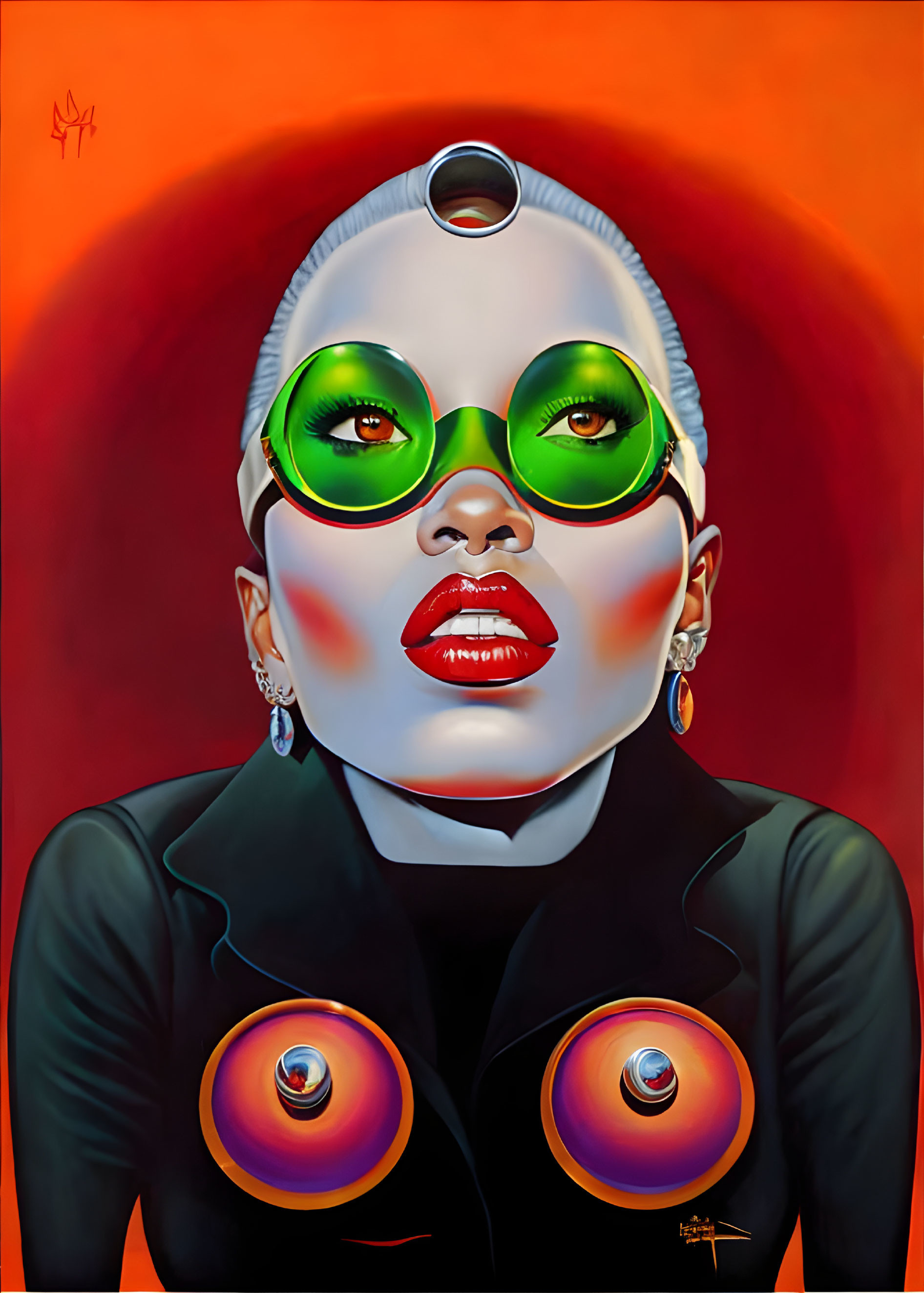 Stylized portrait of woman in green sunglasses and hoop earrings