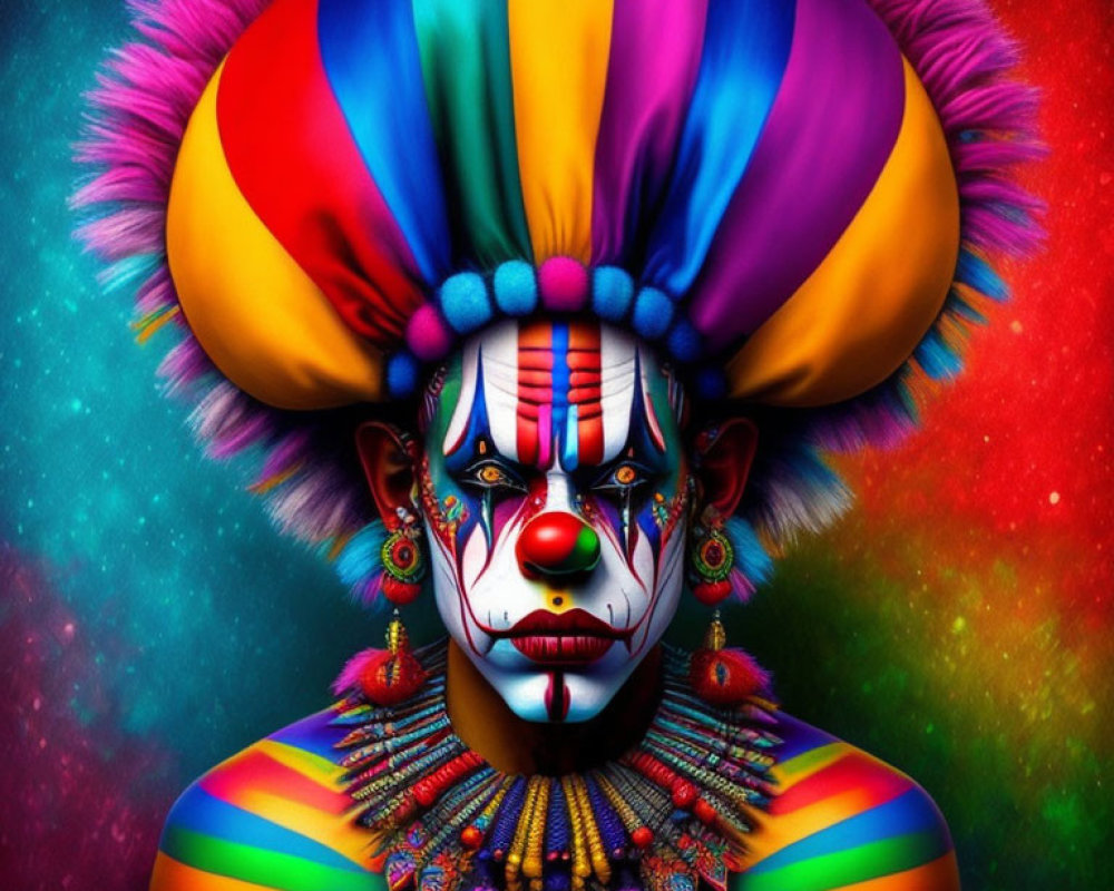 Vibrant digital artwork of person with clown makeup in cosmic setting