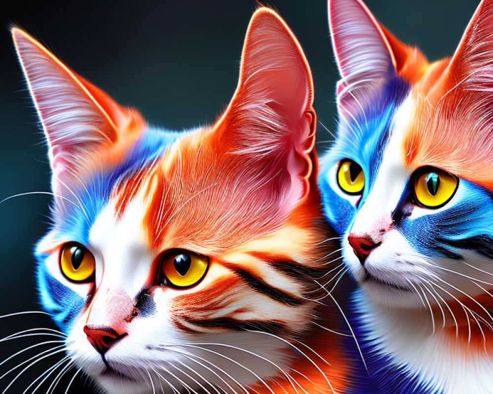 Vividly Colored Stylized Cats with Bright Orange, White, and Blue Fur Patterns