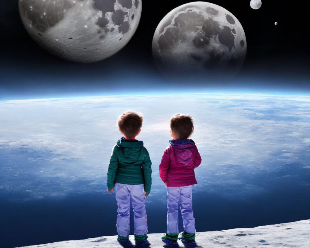 Children in Colorful Jackets on Moon's Surface Gazing at Earth and Moons