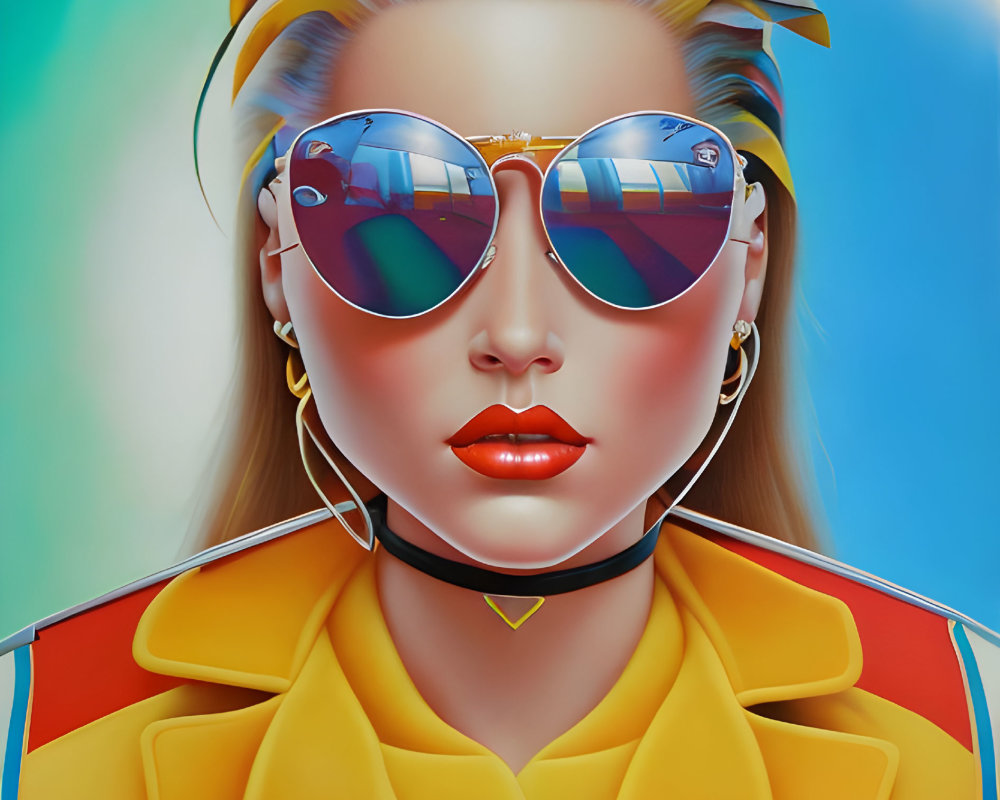 Colorful Hair Woman in Reflective Sunglasses with Yellow Outfit