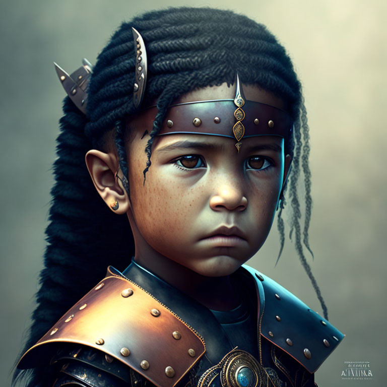 Child with braided hair and metal spikes in leather armor.