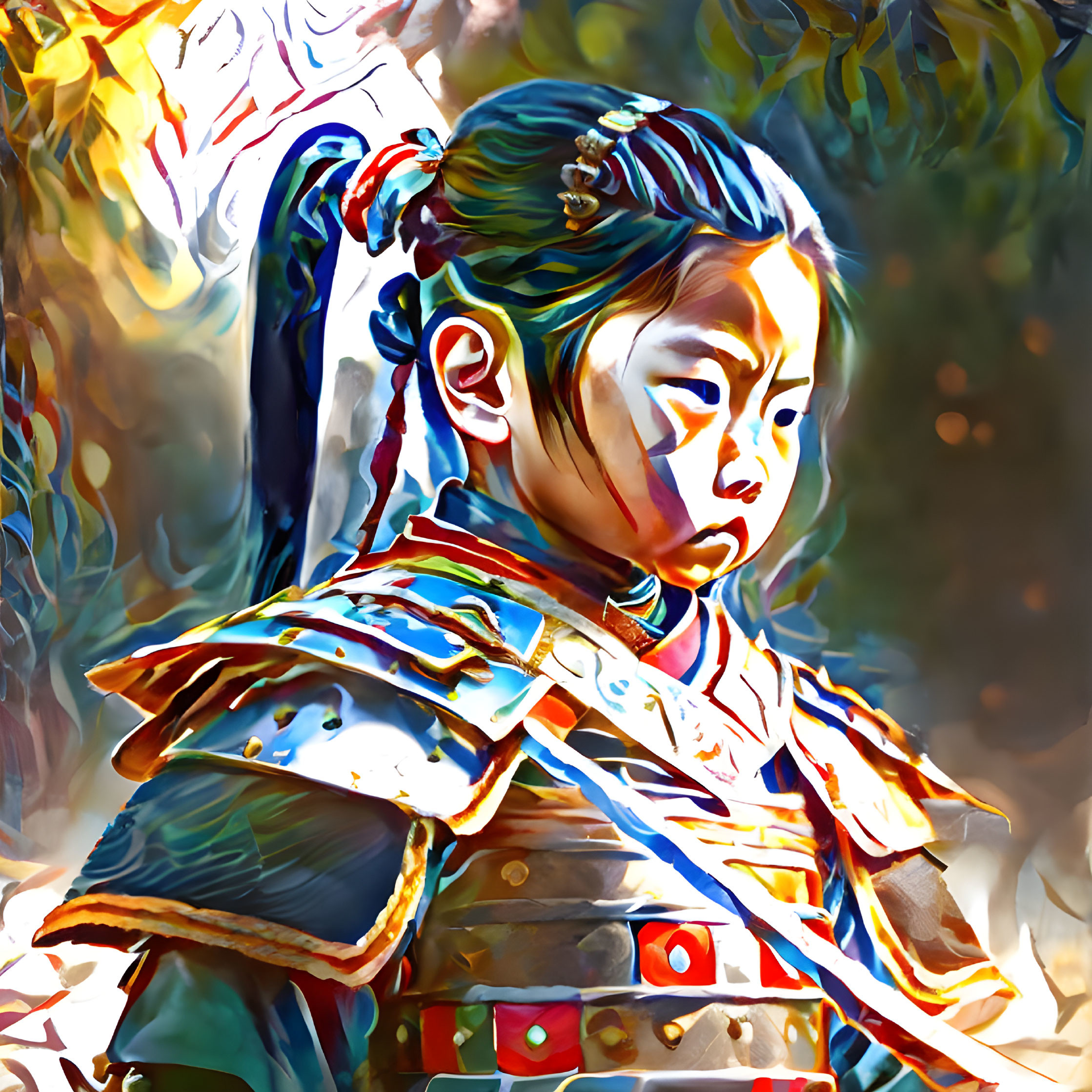 Child in East Asian armor with vibrant background