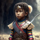Child in ornate armor with fur trim, holding a sword, face paint, misty backdrop