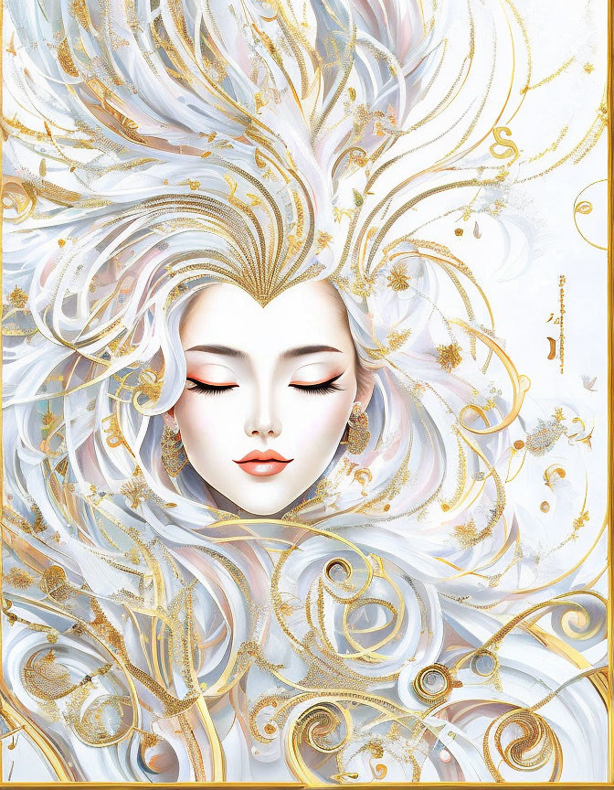 Ethereal woman with white-gold hair and golden patterns on white background