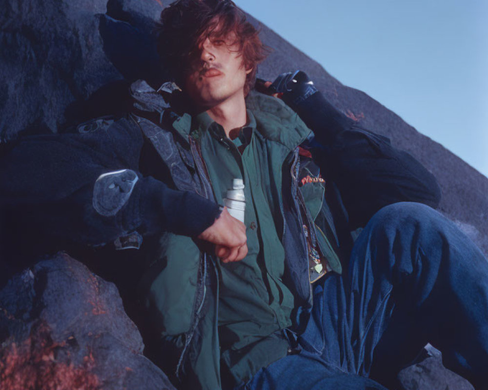 Messy-haired person in green jacket on rocky terrain with water bottle
