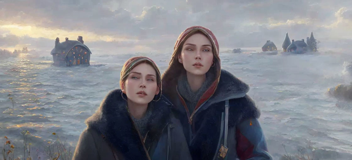 Two solemn women in heavy cloaks against misty icy landscape.