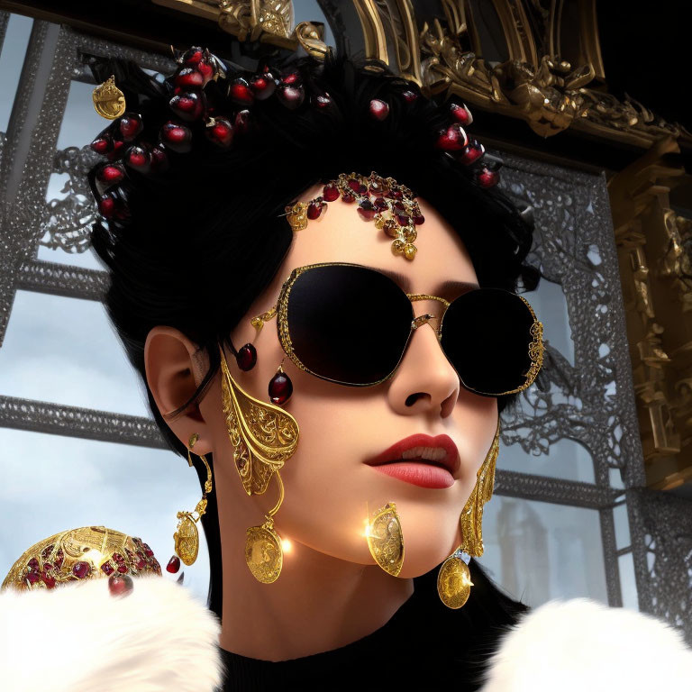 Stylized portrait of woman with dark sunglasses and luxurious accessories