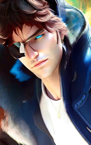 Person with Tousled Brown Hair in Blue Jacket and Sunglasses