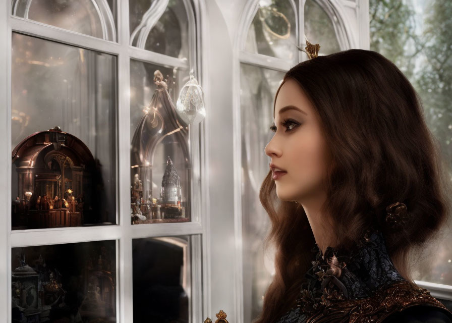 Long-haired woman in ornate dress gazes out window with elegant room reflections