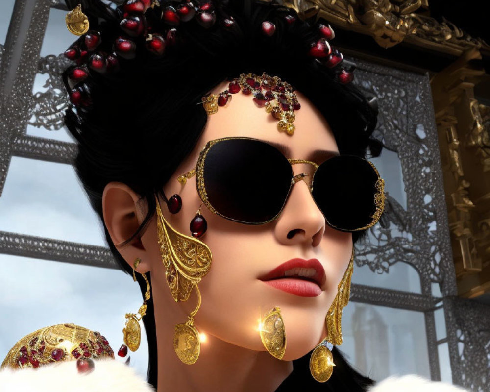 Stylized portrait of woman with dark sunglasses and luxurious accessories