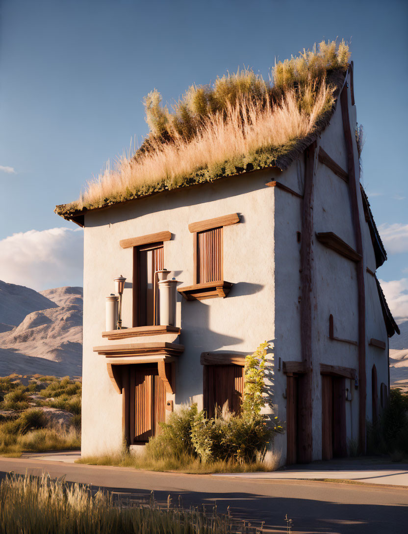 Quaint two-story house with living grass roof and wooden shutters against hill backdrop
