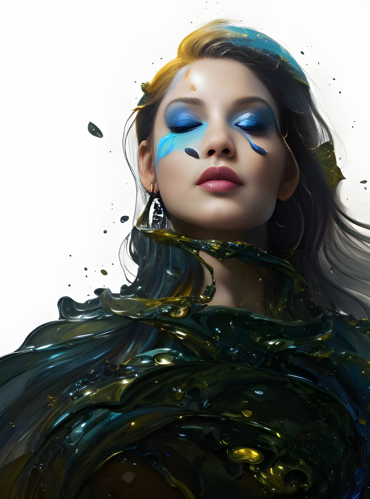 Woman with Vibrant Blue Eyeshadow in Swirls of Black, Blue, and Gold Paint