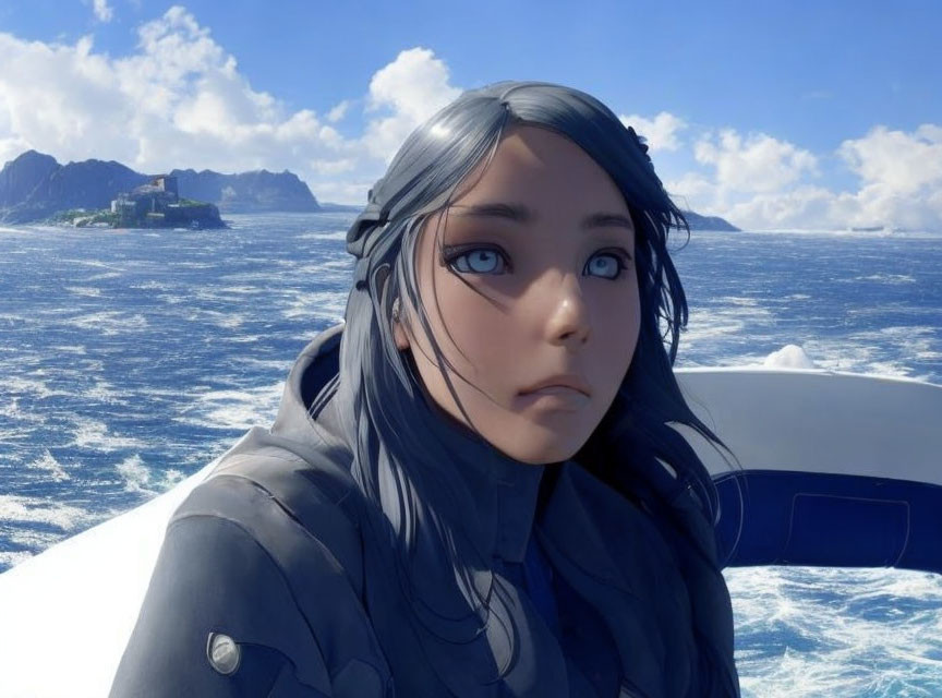 Young girl with blue eyes and black hair on boat in 3D animation