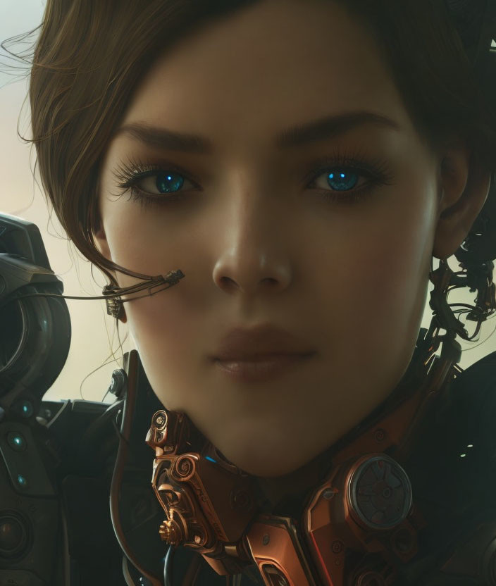 Female with Cybernetic Enhancements and Blue Eyes Close-Up with Mechanical Parts and Headset