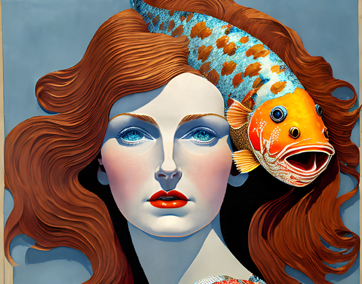 Surreal artwork: woman with red hair & blue eyes merged with koi fish
