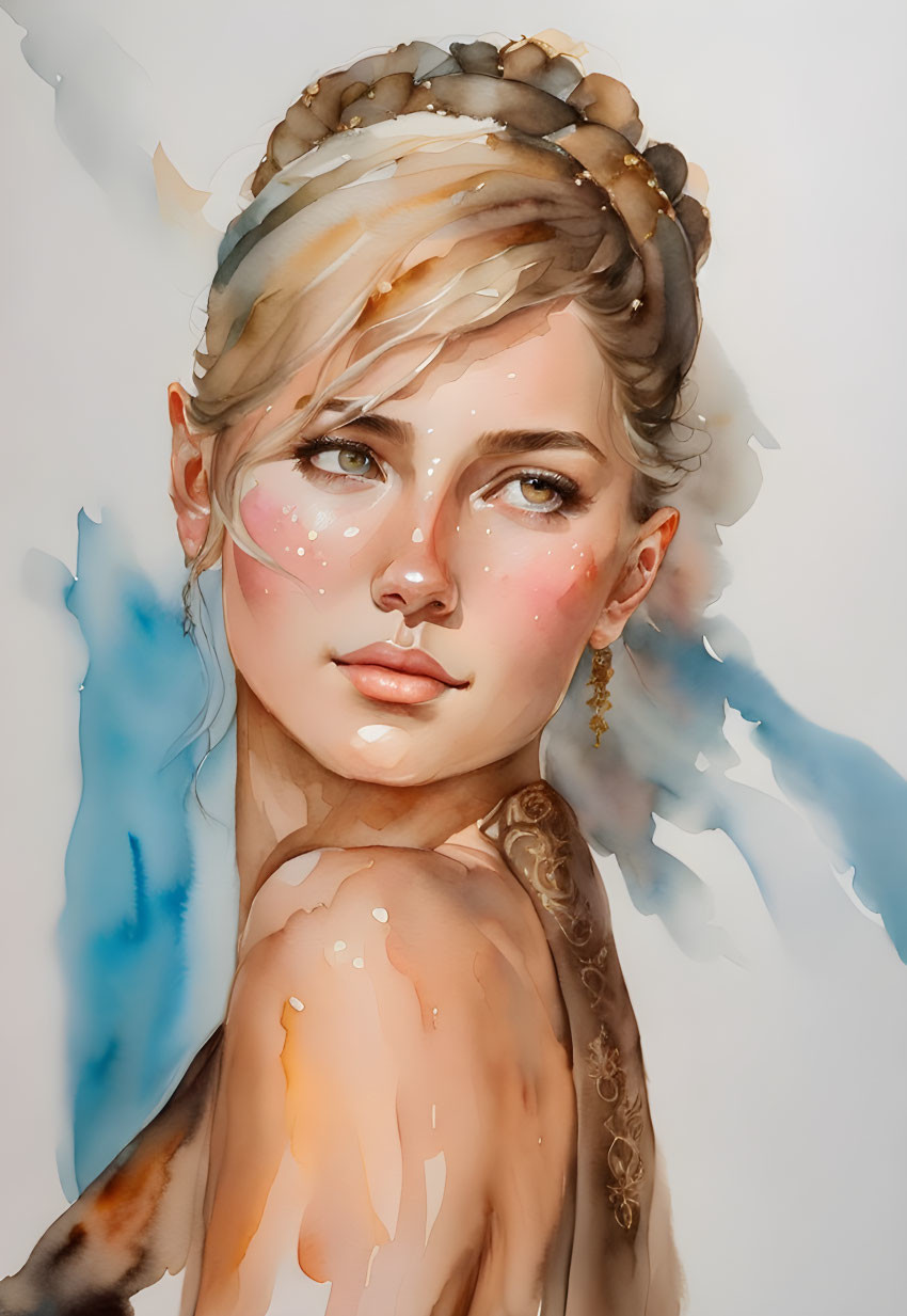 Stylized portrait of young woman with horned headband and watercolor aesthetic