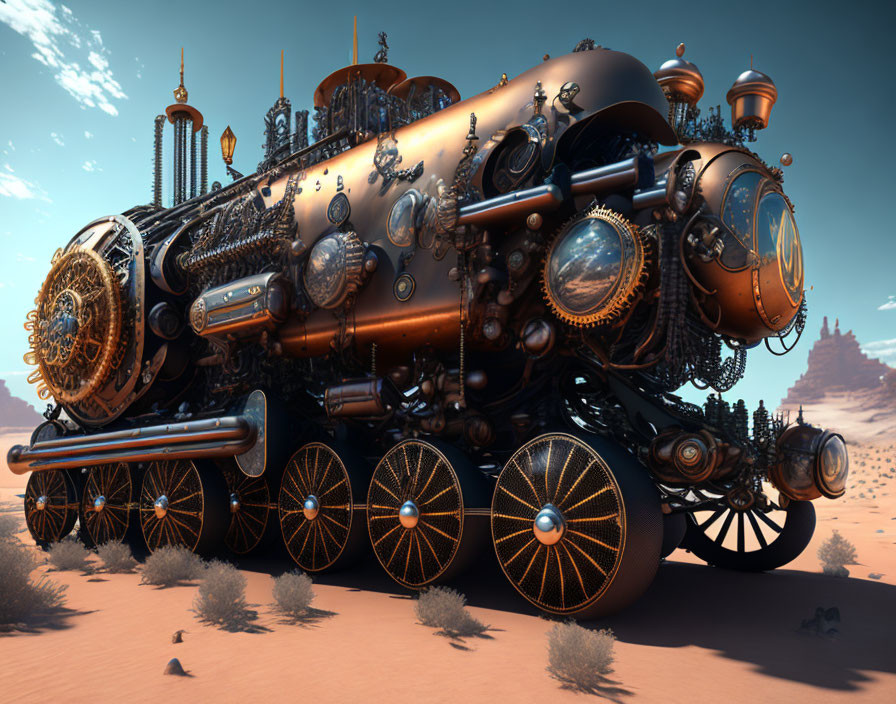 Steampunk train on desert tracks with ornate gears and round windows