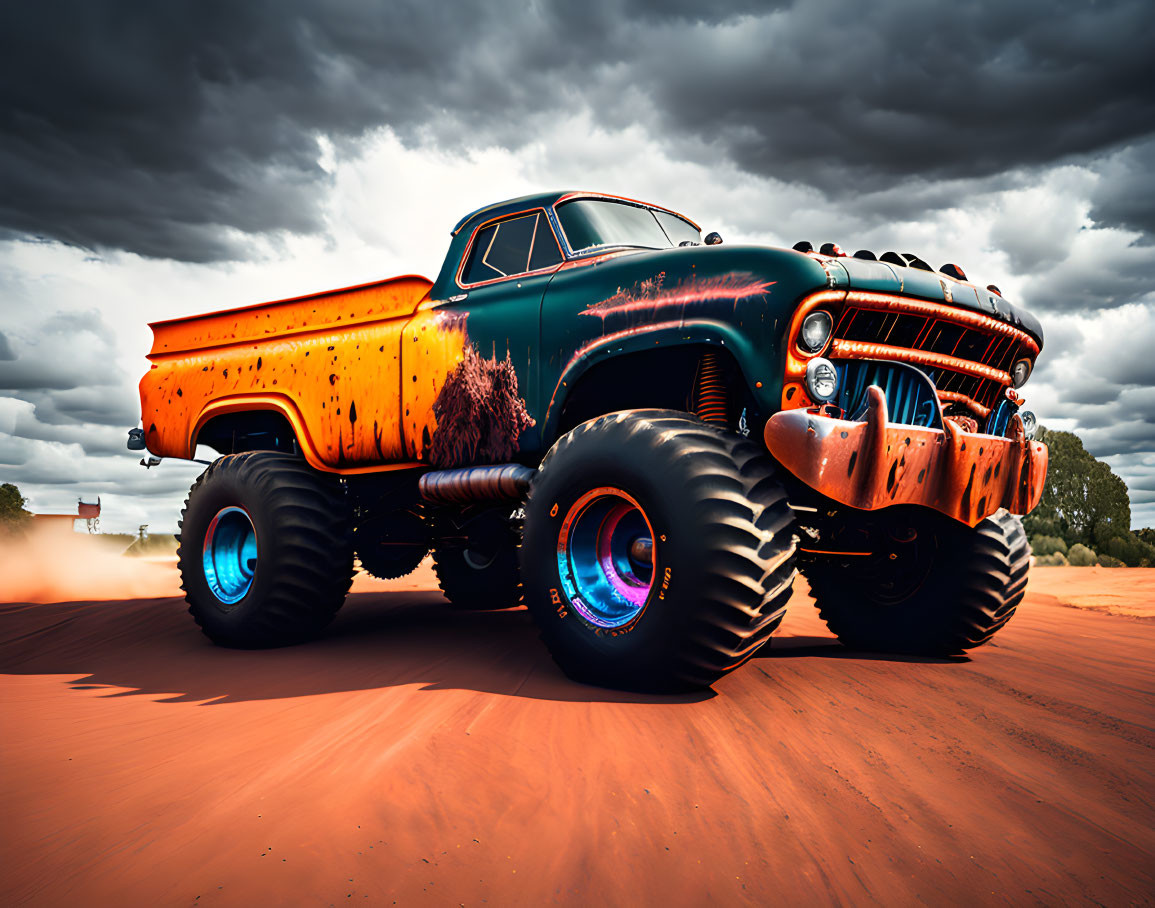 Vibrant orange and teal monster truck on sandy terrain under cloudy sky