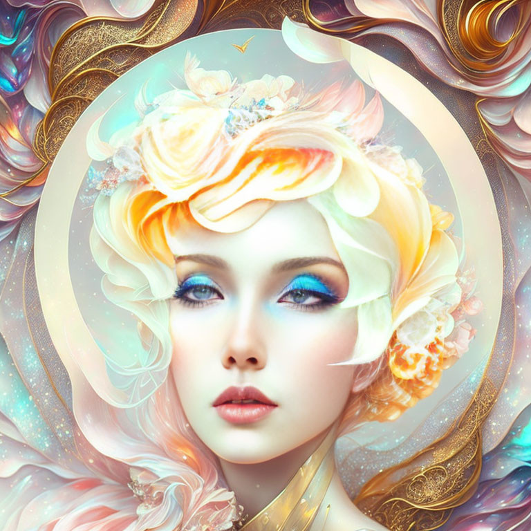 Colorful surreal portrait of a woman with swirling floral elements