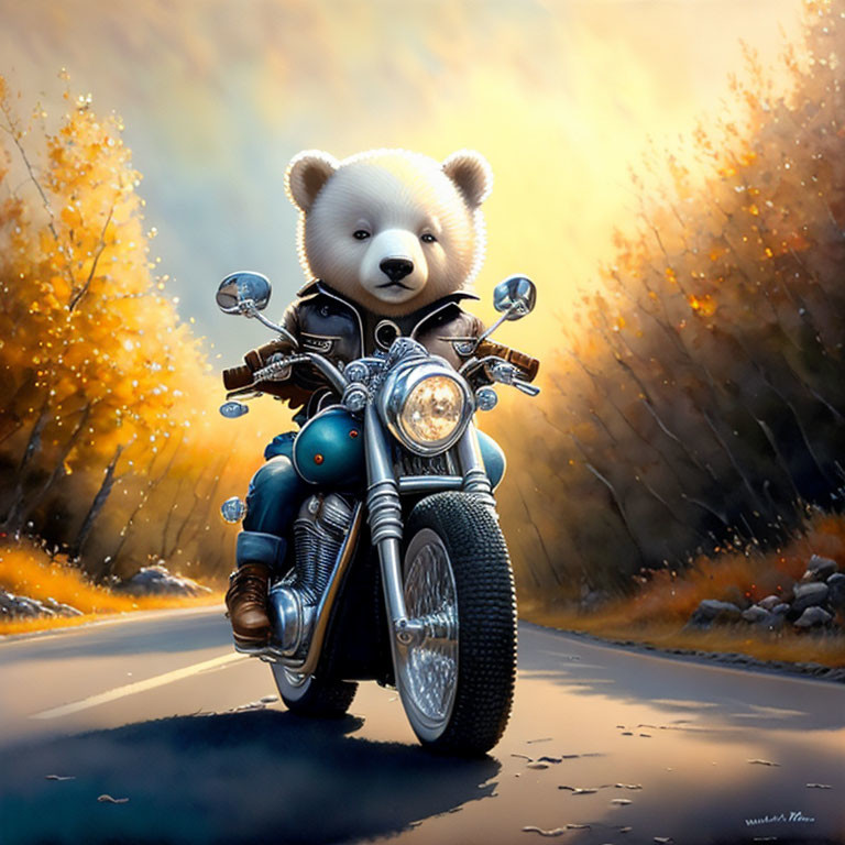Adorable bear cub on vintage motorcycle in autumn scenery