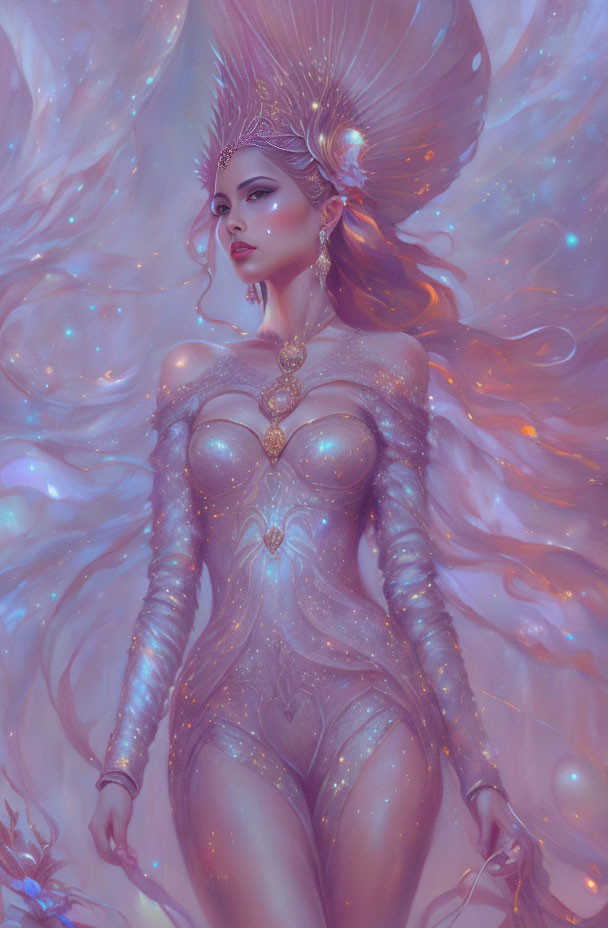 Ethereal woman in shimmering suit with feathered headdress and mystical orbs