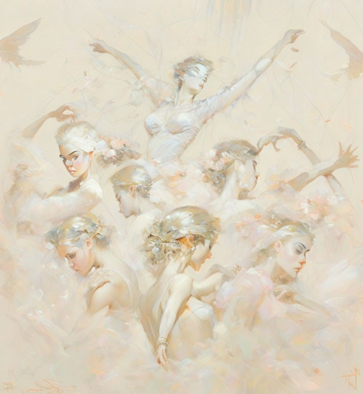 Ethereal painting of graceful female figures in dance-like poses with delicate floral accents