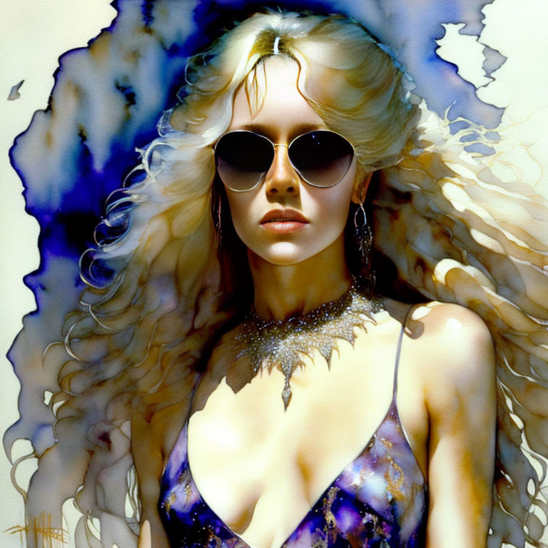 Blonde Woman in Galaxy Print Top with Curly Hair & Sunglasses