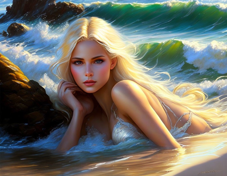Blonde woman with blue eyes by the sea portrait
