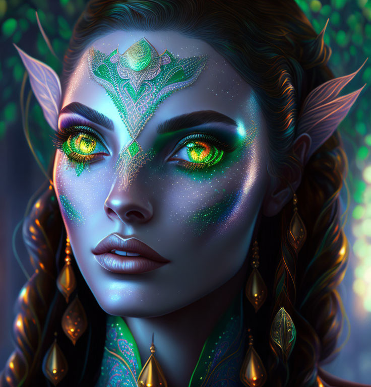 Fantasy female character with pointed ears and glowing green eyes portrait.