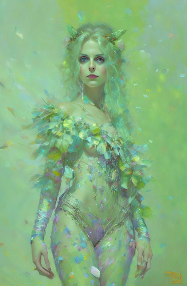 Leafy Attired Fantasy Figure in Ethereal Green Setting