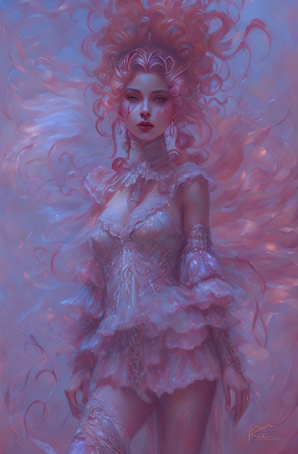 Fantasy illustration of woman with voluminous wavy hair and intricate high collar