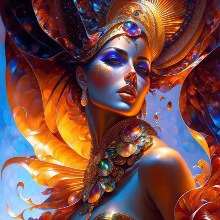 Colorful digital artwork of woman with blue and gold headgear and mystical patterns