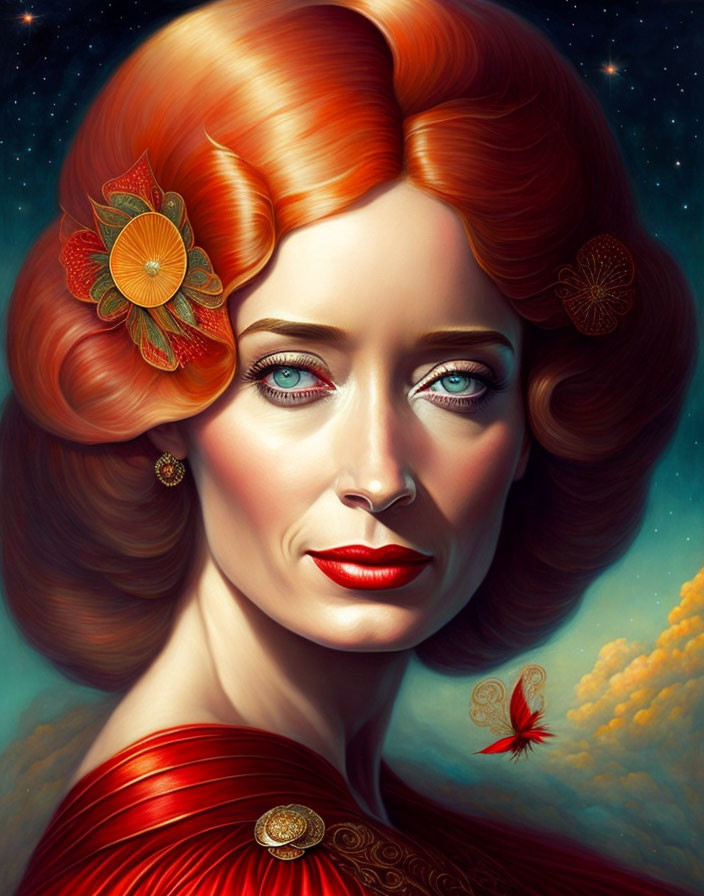 Portrait of woman with red hair and blue eyes in red dress with gold details, set against cloudy sky
