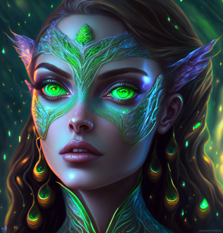 Female character with green luminous eyes, leaf-like face markings, and vibrant emerald jewelry