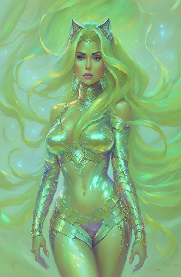 Mystical artwork of woman with cat ears in golden armor