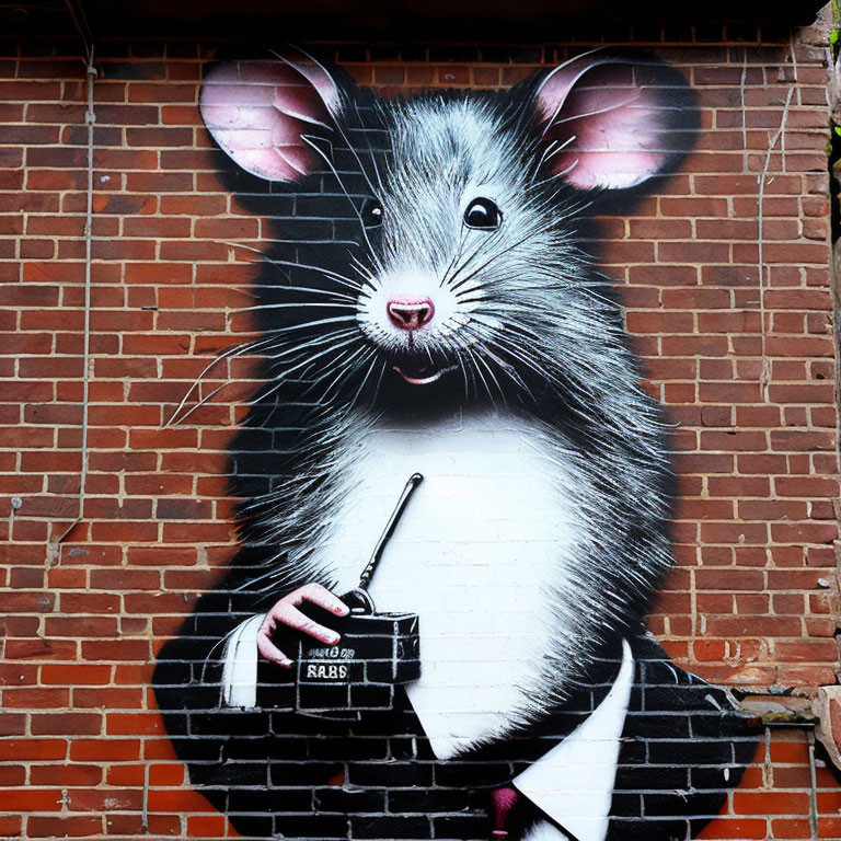 Mouse Graffiti: Human-like Features in Suit with Briefcase on Brick Wall