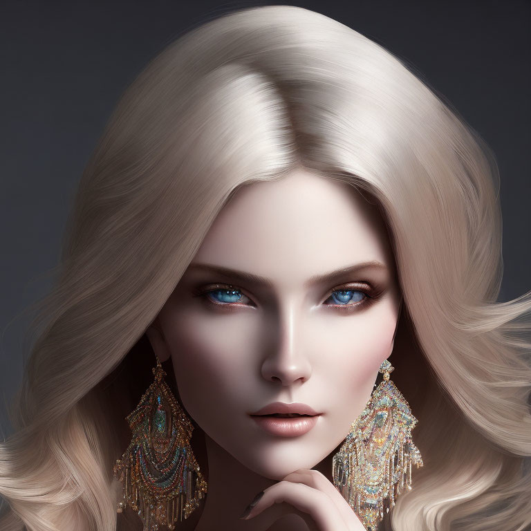 Blonde Woman Portrait with Blue Eyes and Earrings