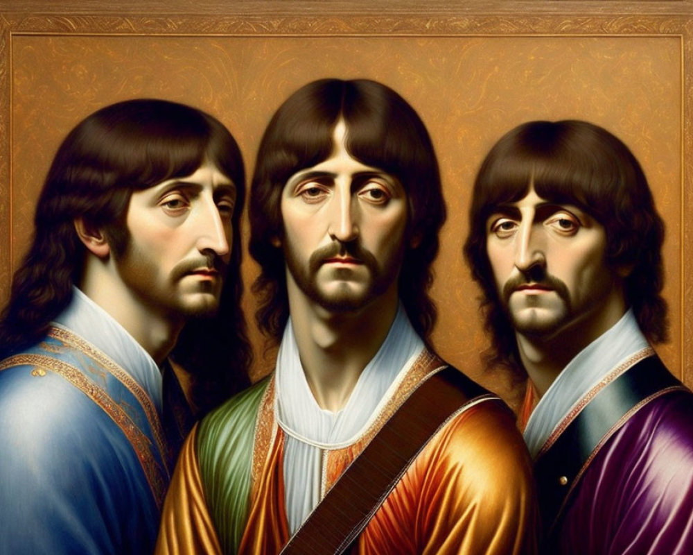 Three identical men in renaissance attire with brown hair and mustaches